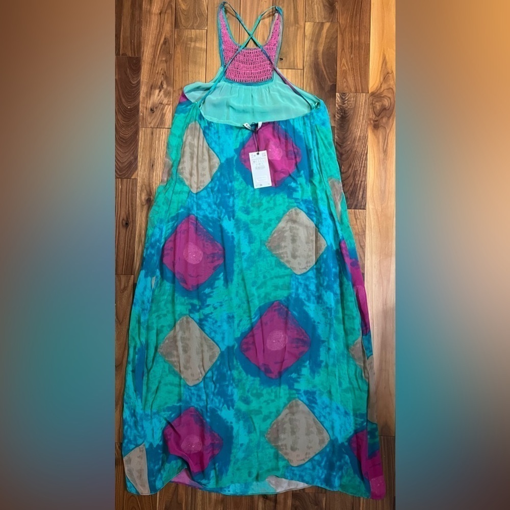 NWT Zara Beaded Halter Maxi Dress Sz M Bold‎ Watercolor Crochet Boho Free Spirit - Picture 12 of 12